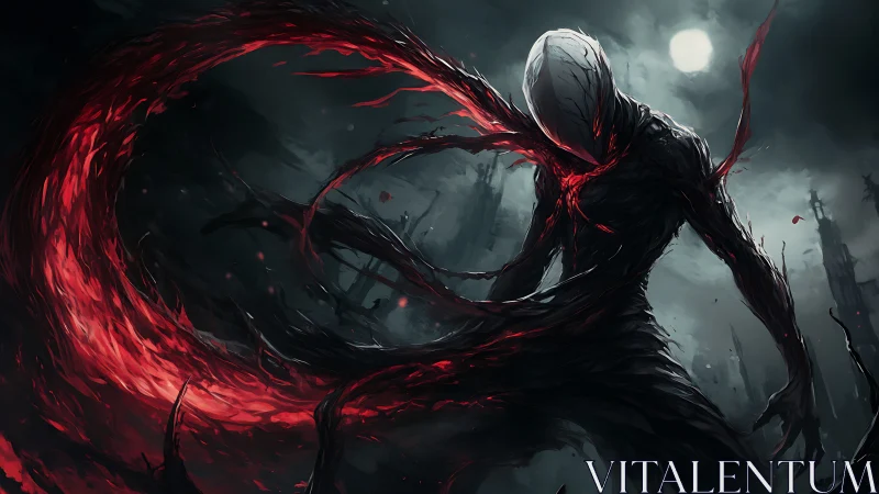 Voidborn wraith wielding crimson energy in ruins at night.