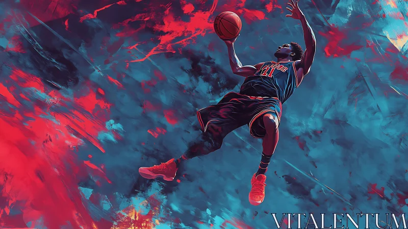 Soaring basketball artistry in bold neon red and blue skies.