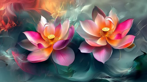 Dreamlit lotus twins drifting through painted starlight.