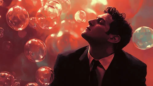 Male figure in suit surrounded by translucent bubbles.