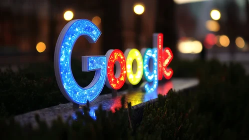 Illuminated multicolor logo glowing in soft urban bokeh.