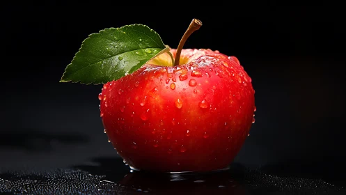 Ruby apple under studio lights, jeweled with cool morning dew.