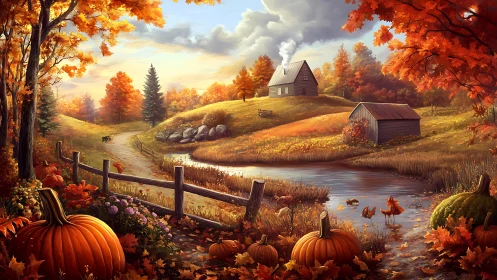 Cozy autumn farmstead by a winding pond under golden skies.