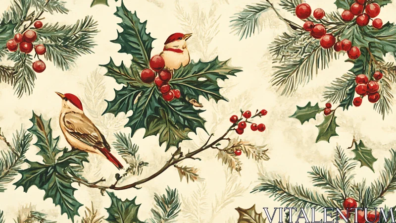 Watercolor songbirds amid holly and berries form festive repeat
