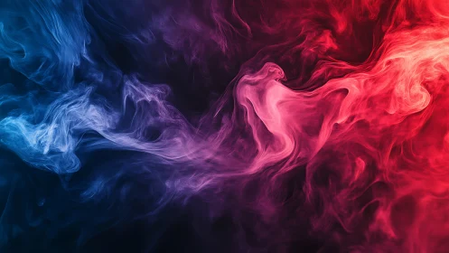Vibrant red and blue smoke swirls merge in atmospheric motion