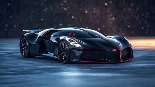 Night-gleaming hypercar prowls the neon-lit frozen runway.