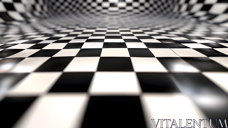 Curved reflective checkerboard tunnel creates strong depth illusion