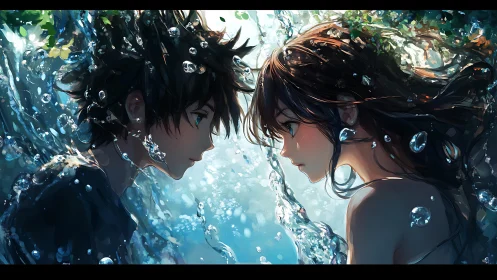 Two anime figures immersed underwater share an intimate gaze