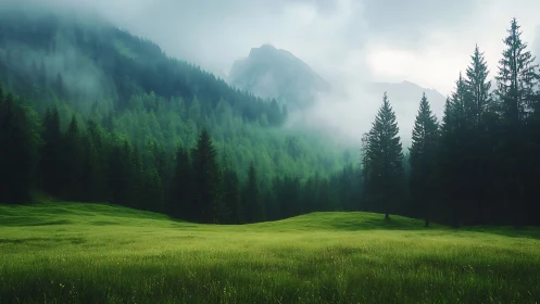 Alpine Valley with Coniferous Forest Canopy and Mountain Peaks