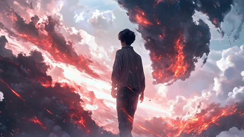 Backlit silhouette faces erupting storm clouds with molten fissures