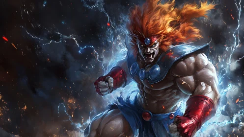 Muscular warrior figure stands amid lightning and debris field