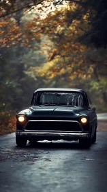 Vintage dark pickup truck on wet forest road at dusk.