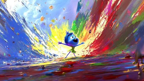 Joyful blue figure within explosive abstract color fields.