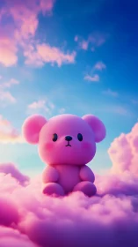 Pink toy bear sitting on fluffy pastel clouds at sunset.