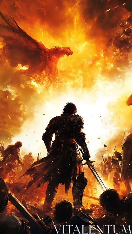 Armored swordsman confronting fireborn phoenix above battlefield