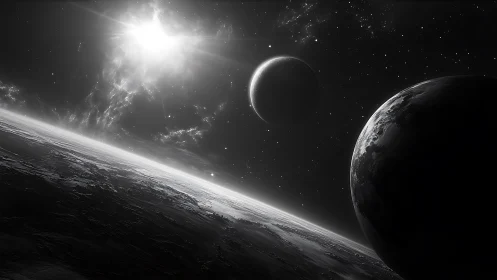 Monochrome planetary alignment in cinematic space perspective.
