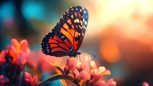 Butterfly on clustered flowers in soft sunset backlight.