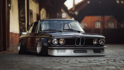 Low-slung classic BMW sedan on cobblestone urban street.