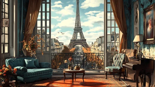 Paris living room interior frames Eiffel Tower city view