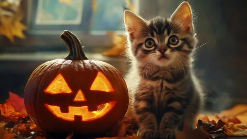 Tabby kitten positioned alongside illuminated jack-o-lantern pumpkin.