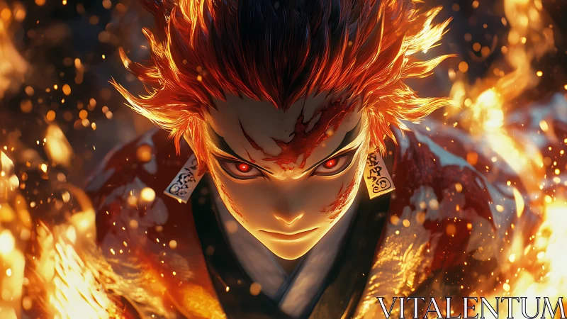 Battle-scarred anime warrior framed by volumetric flames and embers