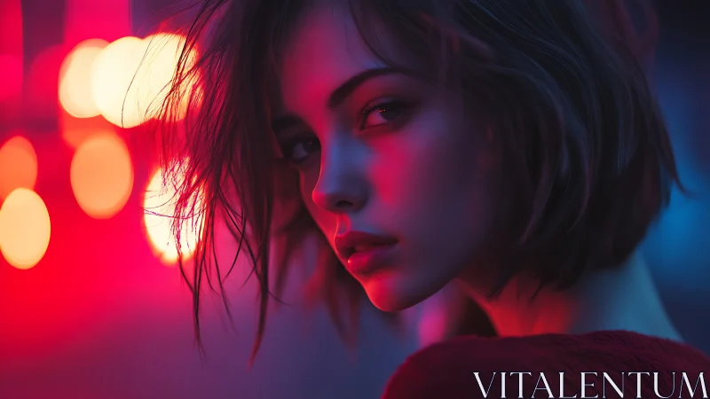 Young woman in red and blue neon side lighting at night.