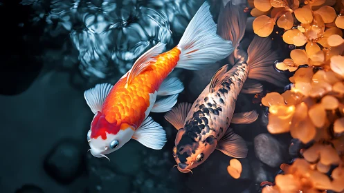 Two koi fish swim near orange leaves in clear dark water.