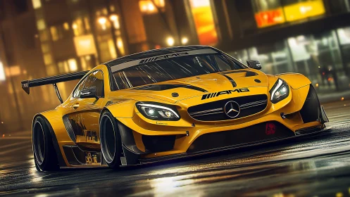 Golden AMG GT race car under neon city lights at night.