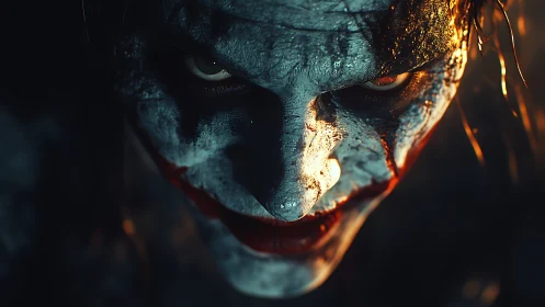 Cinematic close-up of sinister clown portrait lighting study.