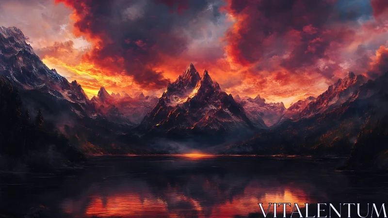 Mountain range reflects fiery sunset sky over calm lake