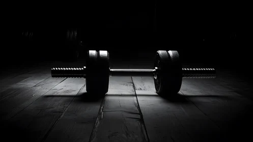 Low-key photorealistic dumbbell on textured wooden floor.