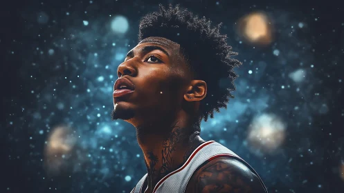 Basketball player gazes upward under ethereal arena lights.