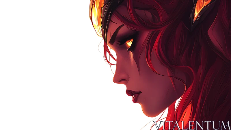 Fiery demon woman glares in profile with glowing ember eyes
