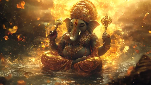 Golden depiction of Ganesha seated in glowing waters.