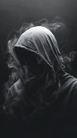 Hooded spectral figure emerges from swirling monochrome smoke