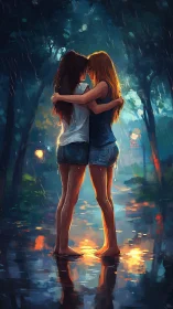 Two Figures in Rain: Digital Illustration of Urban Evening Scene.