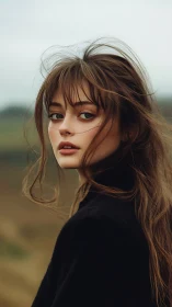 Soft windswept portrait in a quiet, misty countryside dusk.