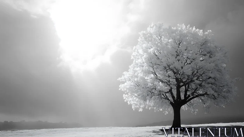 Luminous white tree welcomes soft light across a quiet field
