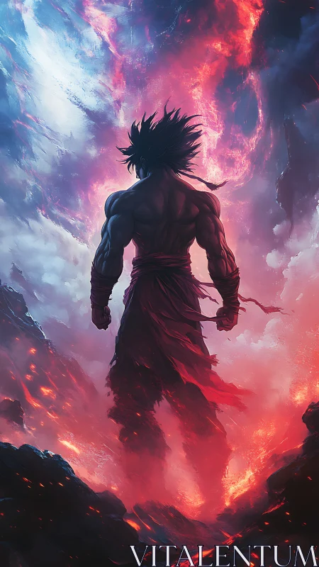 Warrior silhouette faces erupting sky over molten ground