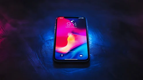 High-end smartphone display rendering liquid gradient wallpaper with neon color transitions
