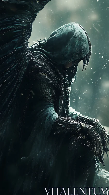 Hooded winged figure sits in profile under diffuse snowfall