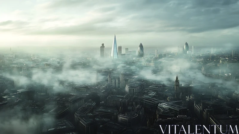 Fog-kissed future city waking slowly under silver skies.