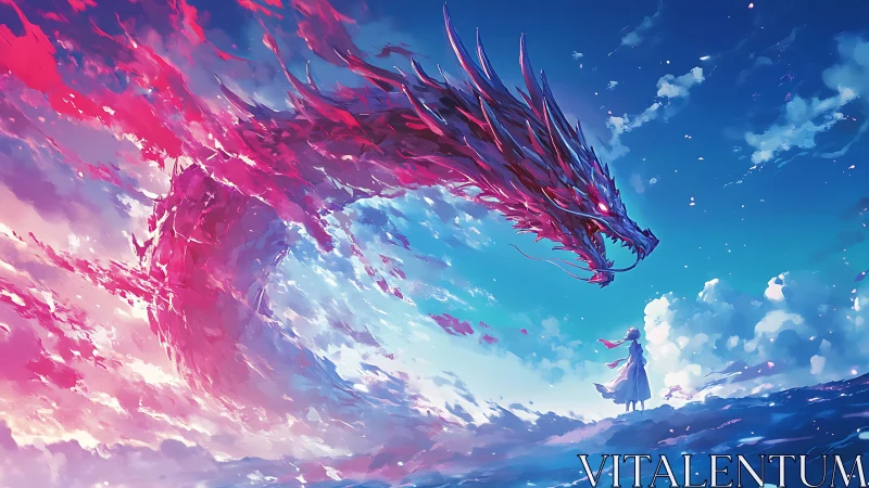 Girl confronts vast glowing sky dragon in vivid clouds.