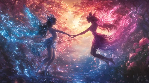 Enchanted forest spirits sharing a glowing twilight dance.