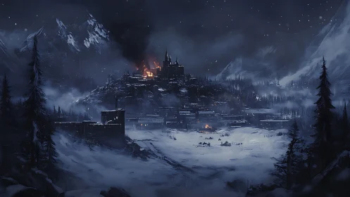 Burning mountain fortress glows over a bleak winter valley