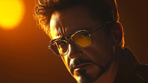 Digital portrait of man in glasses under warm backlight.