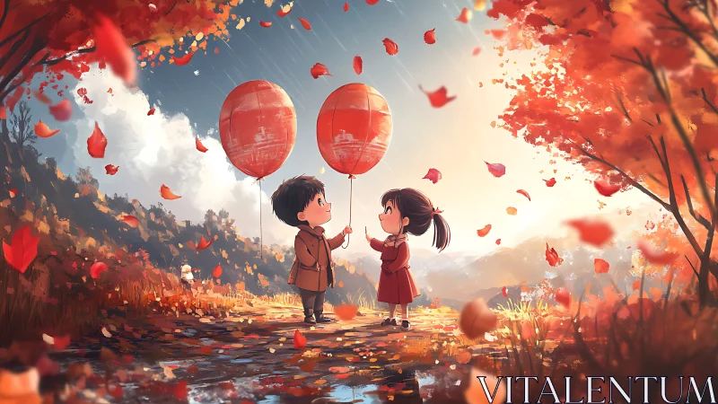 Children Hold Red Lanterns Under Autumn Petals.