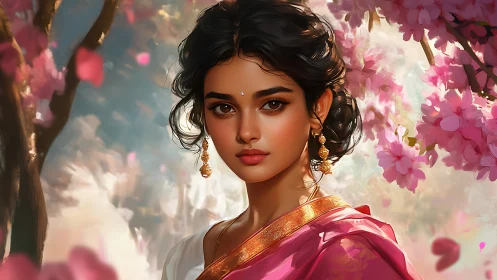 Elegant woman in traditional attire among cherry blossoms, digital art.