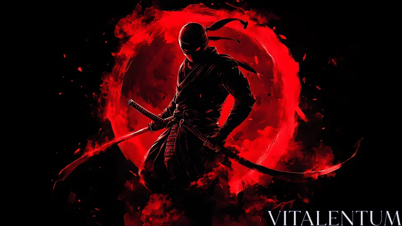 Hooded ninja warrior with dual katanas in red circle glow