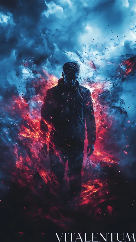 Silhouetted figure dissolved in electric blue and crimson fire.